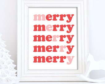 merry merry printable, holiday printable, digital download, Christmas, christmas print, pink pastel christmas decor, candy christmas sign