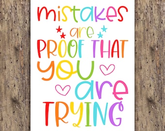 Classroom Poster, Teacher Classroom Decor, 18 x 24 Chalkboard Poster, Mistakes Are Proof That You Are Trying, Motivational Distance Learning