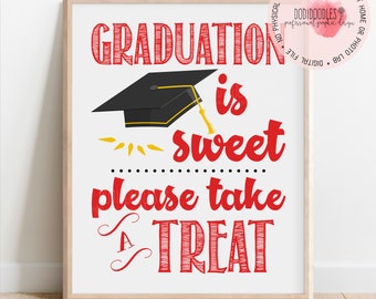 graduation is sweet please take a treat, graduation party decor, sweet table sign, graduation signs, red graduation decor, red graduation