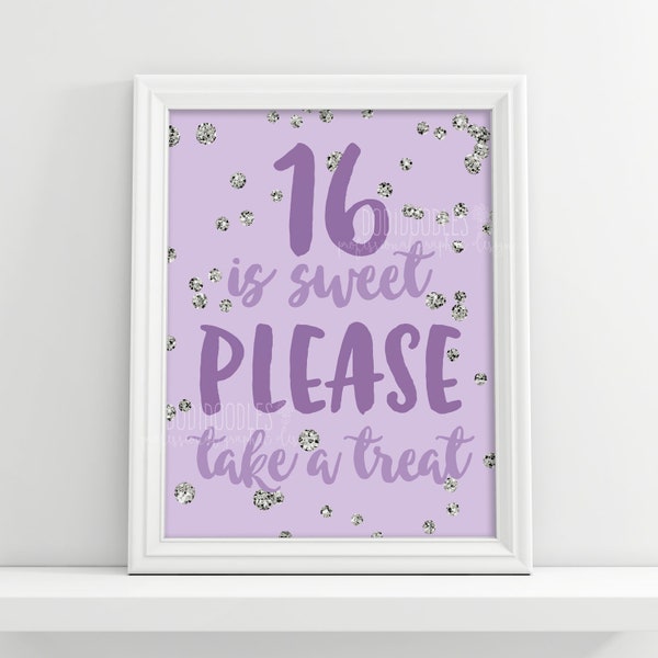 16 is sweet please take a treat, sweet 16 decor, party decorations, purple silver party printables, confetti print,