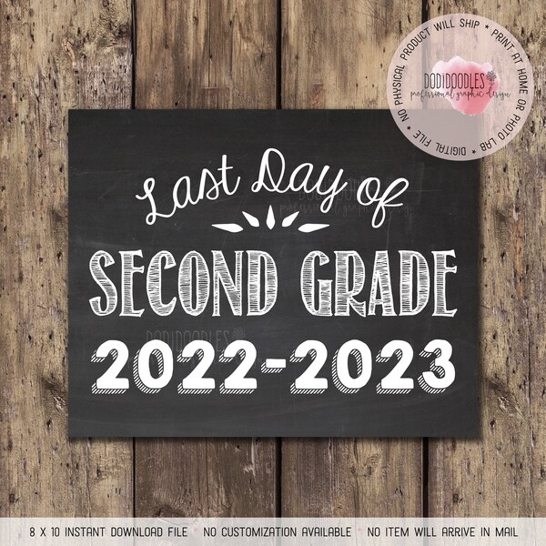 Last Day of Second Grade 2022-2023, printable chalkboard sign, Last Day of School Sign, Second Grade Photo Prop, school year documentation