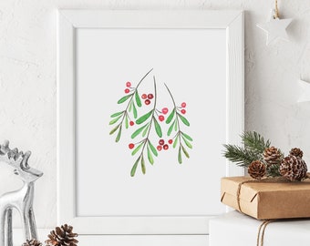 christmas printable, handpainted mistletoe print, mistletoe printable, christmas print, christmas decor, original sign, watercolor christmas