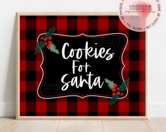 cookies for santa printable art sign, christmas eve, Christmas decoration, cookie bar, red black buffalo plaid, cookie buffet, red flannel