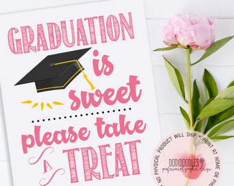 graduation is sweet please take a treat, graduation party decor, sweet table sign, 2021 graduation signs, pink graduation decor for seniors