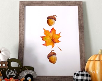 fall printables, fall leaf and acorn printable, original watercolor painting, autumn print, autumn leaf, acorn print, fall home wall decor