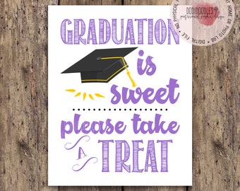 graduation is sweet please take a treat, graduation decor, sweet sign, 2023 graduation table signs, purple graduation decor for senior