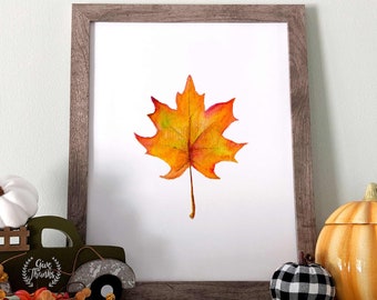 fall printables, fall leaf, watercolor painting, autumn print, autumn leaf, fall wall art, fall decor, hand painted, fall home decor, maple