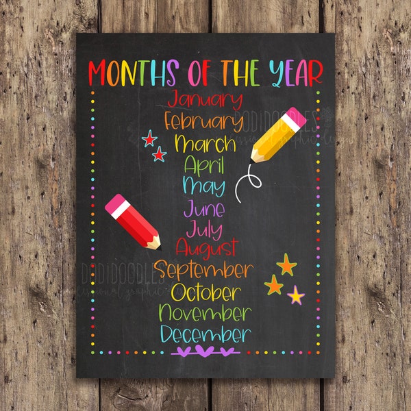 Months of the Year Poster, Teacher Classroom Decor, 18x24 Kindergarten Poster, Instructional Poster, Classroom Decor, Months Printable Sign