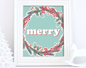 merry holiday printable, holiday quote, mistletoe print, berries printable, Christmas, christmas print, christmas decor, merry printable