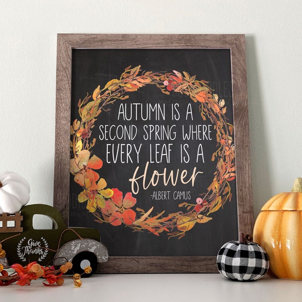 Fall Printables, Autumn is a second spring when every leaf is a flower, Albert Camus quote, 16x20 fall wall decor, harvest decor, fall signs