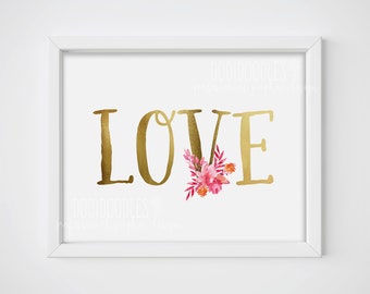 love sign, love print, gold and floral love printable, watercolor, floral watercolor print, valentines, valentines day decor, gold love sign