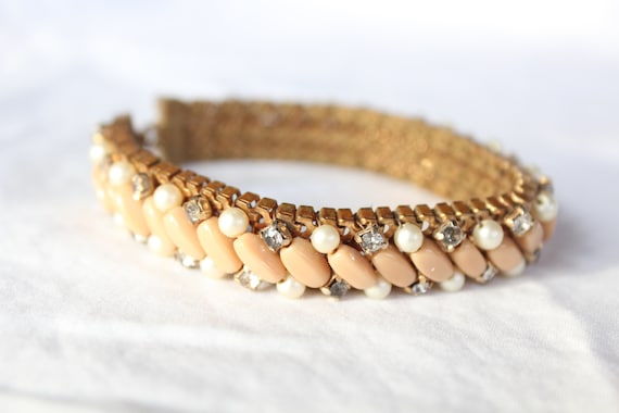 Coral, Pearl, Rhinestone Vintage Bracelet - image 1