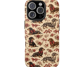 Vintage Dachshund Floral Phone Case | Tough Protective Case for iPhone & More | Cute Sausage Dog Bow Design