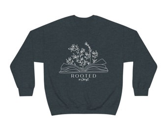 Rooted in Christ Sweatshirt: Floral Book Christian Crewneck