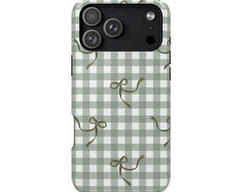 Green Gingham Bow Phone Case | Cottagecore Checkered Phone Case | iPhone & Samsung | Impact-Resistant Case | Magsafe | Wireless Charging