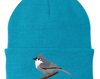 Embroidered Tufted Titmouse Knit Cap Beanie