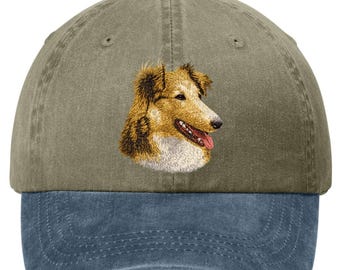 Gorra bordada con perro pastor de Shetland, teñida con pigmentos - 12 colores disponibles