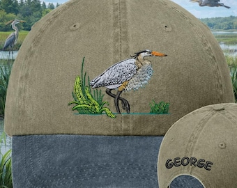Personalized Great Blue Heron Hat | Embroidered Pigment-Dyed Cap | Bird Lover Gift | 12 Colors