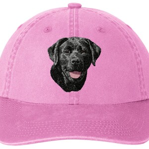 May include: Pink baseball cap with an embroidered black Labrador Retriever on the front.