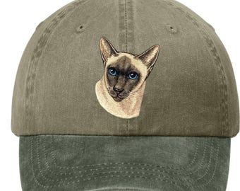 Embroidered Siamese Cat Pigment-Dyed Cap - 12 Colors Available