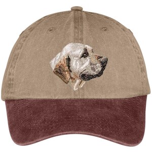 May include: A brown and maroon baseball cap with an embroidered image of a white dog's head.