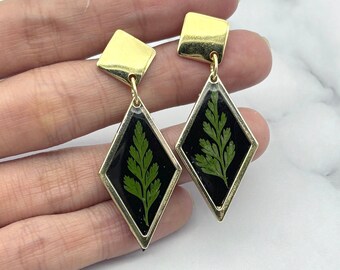 Black Botanical Pressed Fern Dangle Stud Earrings. Cottagecore Forest Witch Frond Jewelry Gift for Her