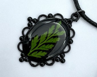 Enchanted Night Garden Necklace, Pressed Fern Botanical Nature BOHO Cottagecore Pendant Statement Jewelry