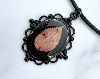 Pressed Leaf Pendant Necklace in Victorian Gothic Cottagecore Witch Style, Black Polymer Clay