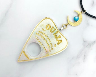 White Winter Solstice Talking Board Planchette Necklace Iridescent Cottagecore Jewelry