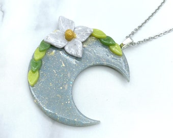 Botanical Crescent Moon Polymer Clay Necklace. Celestial Cottagecore Pastel Goth Jewelry