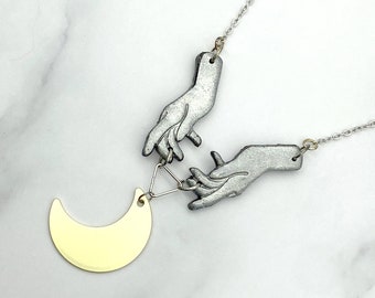 Celestial Moon Goddess Polymer Clay Necklace. Silver and Gold Pastel Goth CottageCore Witch Wicca Jewelry