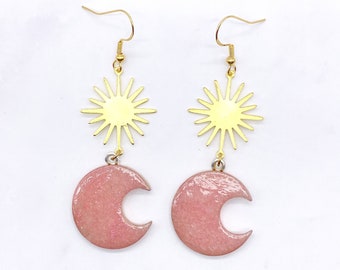 Crescent Moon and Sun Dangle Wire hook Earrings. Pastel Pink Cottagecore BOHO Celestial Jewelry