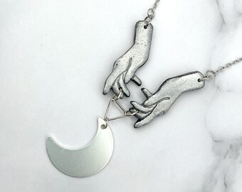 Celestial Moon Goddess Polymer Clay Necklace. Silver Pastel Goth CottageCore Witch Wicca Jewelry