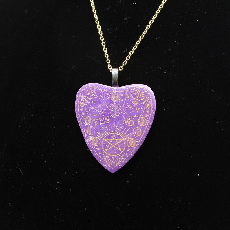 Purple Ouija board necklace Cat Jewelry Ouija necklace Holographic Purple Cat Planchette Necklace Ouija pendant. Cat necklace