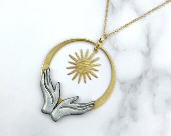 Golden Silver Celestial Hands of Goddess Sol Polymer Clay Necklace Pastel Goth CottageCore Witch Wicca Jewelry