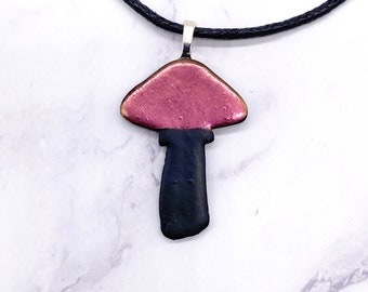 Chrome Red Bronze Mushroom Necklace. Cottagecore witch pastel goth accessory. Polymer Clay Pendant for Mushroom lovers