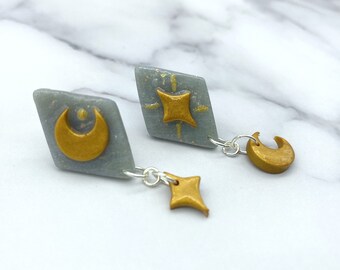 Celestial Bohemian Goddess Dangle Stud Earrings. Polymer Clay Astrology Jewelry