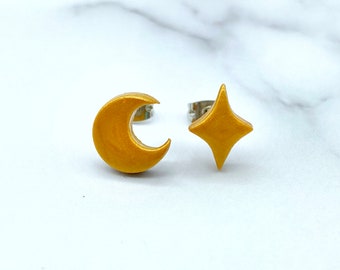 Celestial Boho Witch Micro Studs: Moon and Star Polymer Clay Earrings