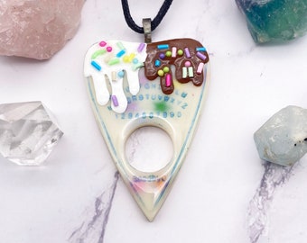 Talking Board Planchette Necklace. Chocolate Vanilla Dessert Cake themed jewelry. Pastel Goth Cottagecore Goth pendant