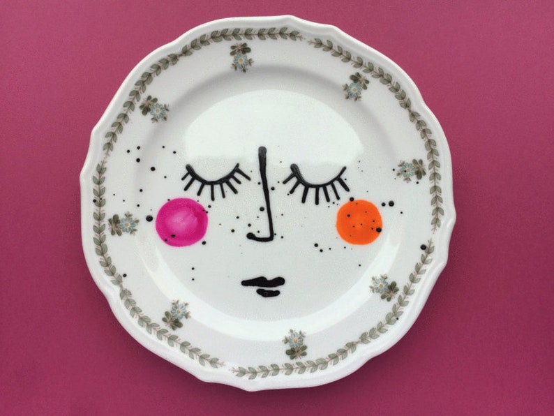 portrait drawing art hand painted illustration wall decoration vintage plate green, porcelain wall plate Wall plates face