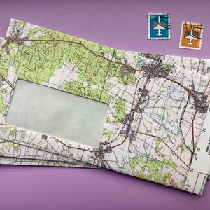 Briefumschläge aus Landkarten, 5er Set, DIN lang, Recycling, farbig, Karte außen, Kuvert, Umschlag, selbstklebend, mit Fenster