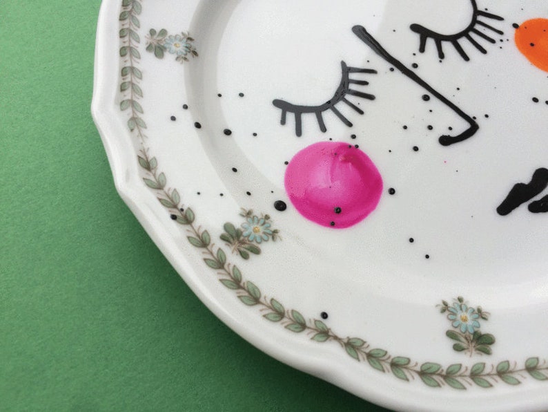 portrait drawing art hand painted illustration wall decoration vintage plate green, porcelain wall plate Wall plates face