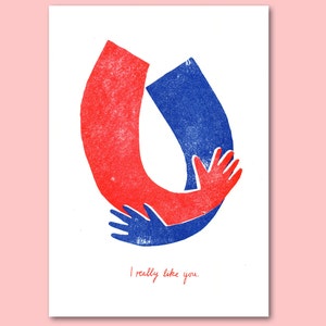 Risograph Poster, Print, Riso, blue, red, Plakat, Din A4, stamp, love, I like you,