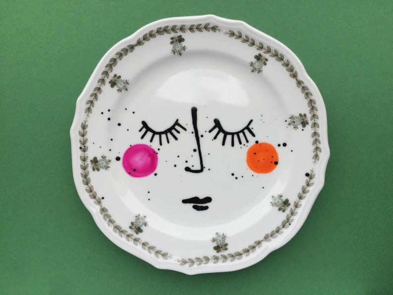 portrait drawing art hand painted illustration wall decoration vintage plate green, porcelain wall plate Wall plates face