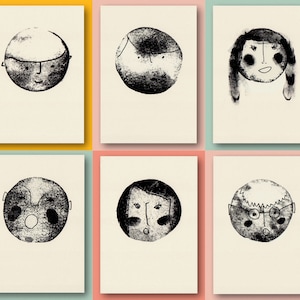 Portrait, Siebdruck, Riso Print, 3 Set, Rispgraphie, Bild für Kinderzimmer, Din A5, Stempelotpik, Zeichnung Kunst, Kinderkunst, Gesicht