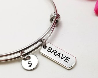 Brave Bracelet, Faith Bracelet, Initial Charm, Charm Bracelet, Inspirational Bracelet, Personalized Gift, Custom Charm Bangle, Courage Charm