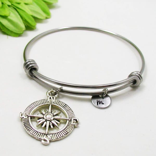 Compass Bangle, Compass Charm Bracelet, Expandable Bangle, Best Friend Bangle, Adventure Bracelet Gift, Initial Bracelet, Nautical Bracelet