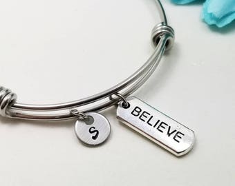 Believe Bracelet, Faith Bracelet, Initial Charm, Charm Bracelet, Inspirational Bracelet, Personalized Gift, Custom Charm Bangle, Faith Charm