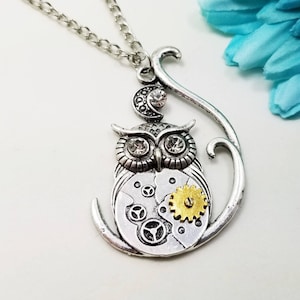 May include: A silver necklace with a steampunk owl pendant. The owl has a gold gear on its chest and clear rhinestones for eyes. The pendant is attached to a silver chain with a delicate, swirling design.