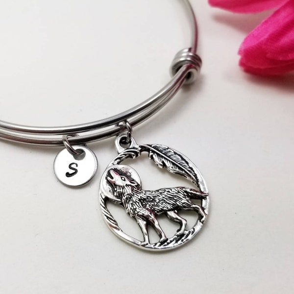 Wolf Bangle, Wolf Bracelet, Initial Bracelet, Personalized Bracelet, Animal Bangle, Lone Wolf Bangle, Best Friend Gift, Wolf Pack Bracelet